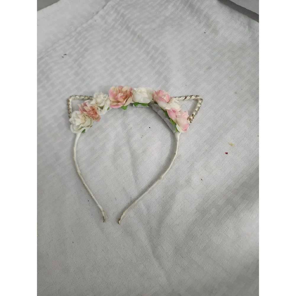 Kids Floral Cat Ear Headband Pink White Roses Rhinestone Sparkle Accessory